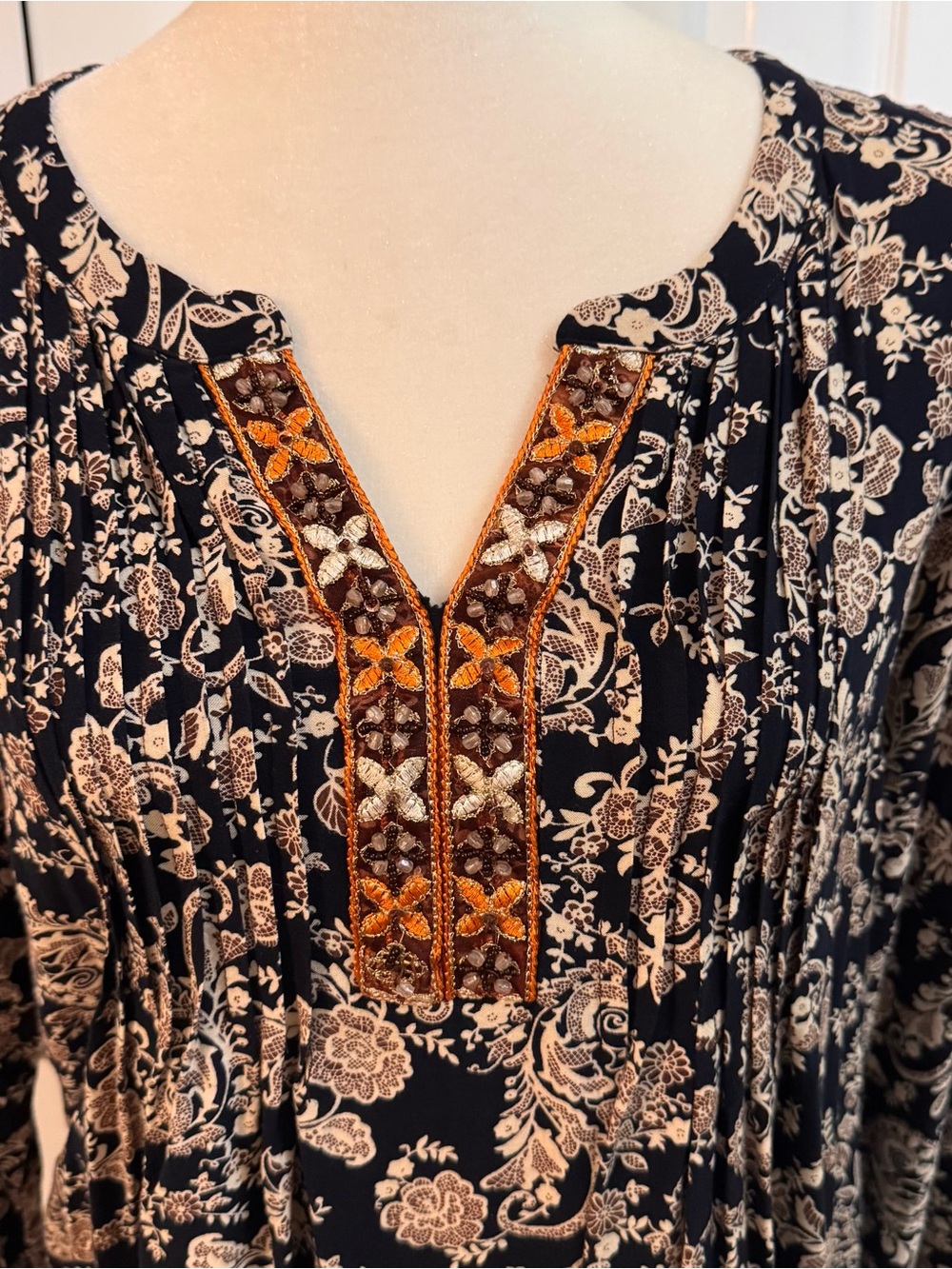 Skies Are Blue - Black Floral Tunic with Orange & Cream Embroidery